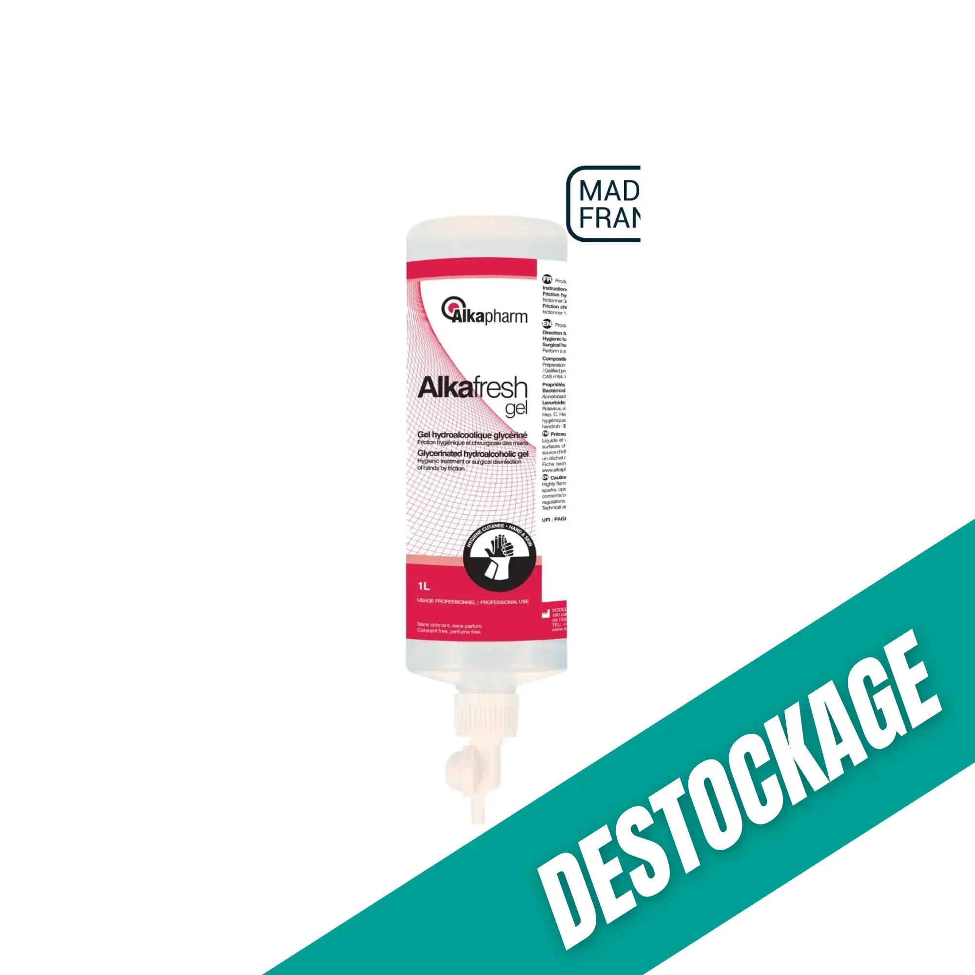 Alkafresh - Gel hydroalcoolique glycériné pour la désinfection des mains - Flacon airless - 1 L - Alkapharm // Destockage Alkapharm 